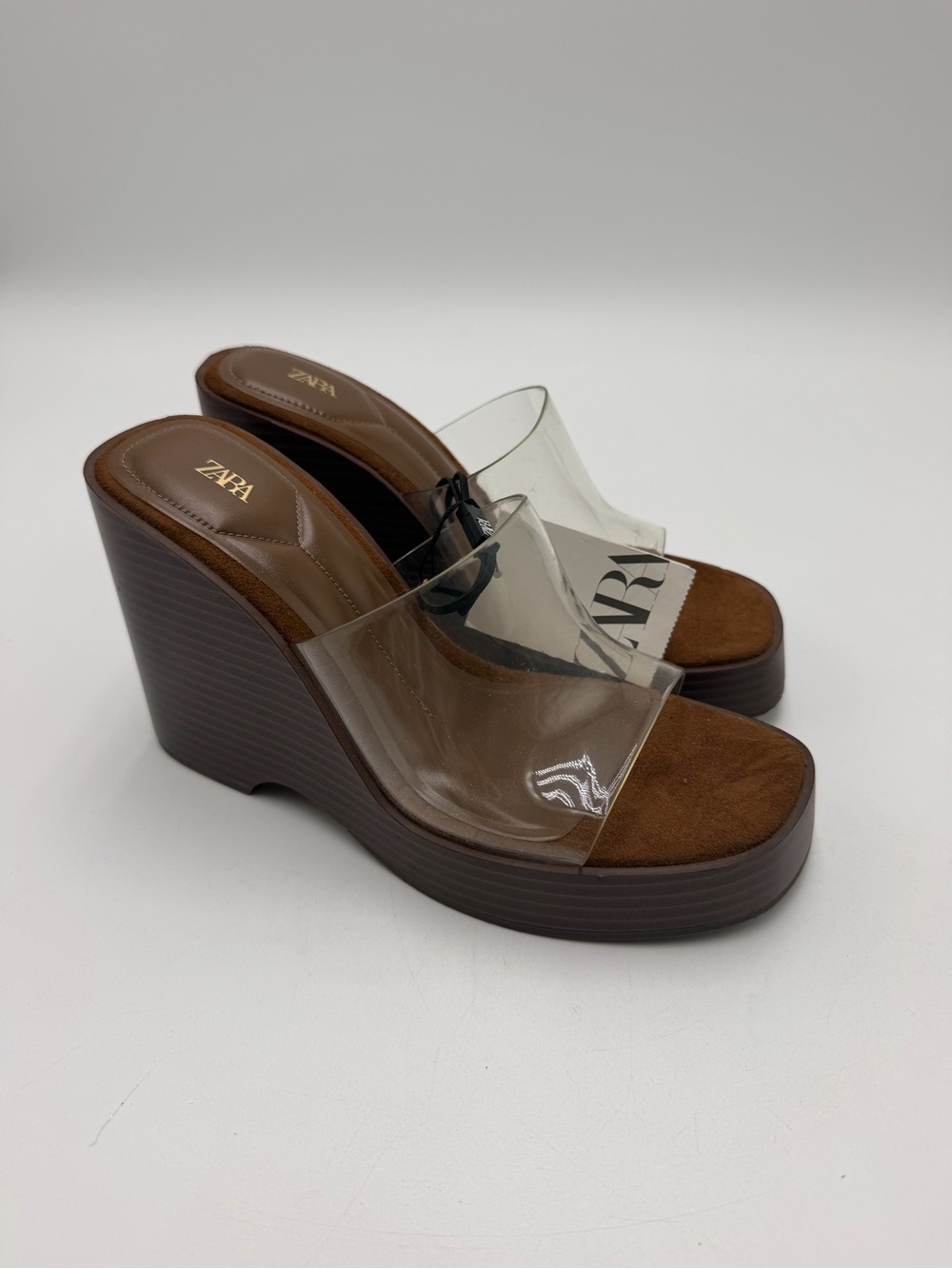 Zara Clear PVC Platform Wedge Sandals Women’s 7.5 Brown Square Toe NEW WITH TAGS